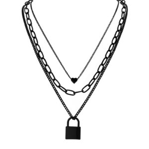 Inactwin Stacked Necklaces for Women Black Lock Chains Heart Grunge Layered Necklace Aesthetic Pendant Multilayer Choker