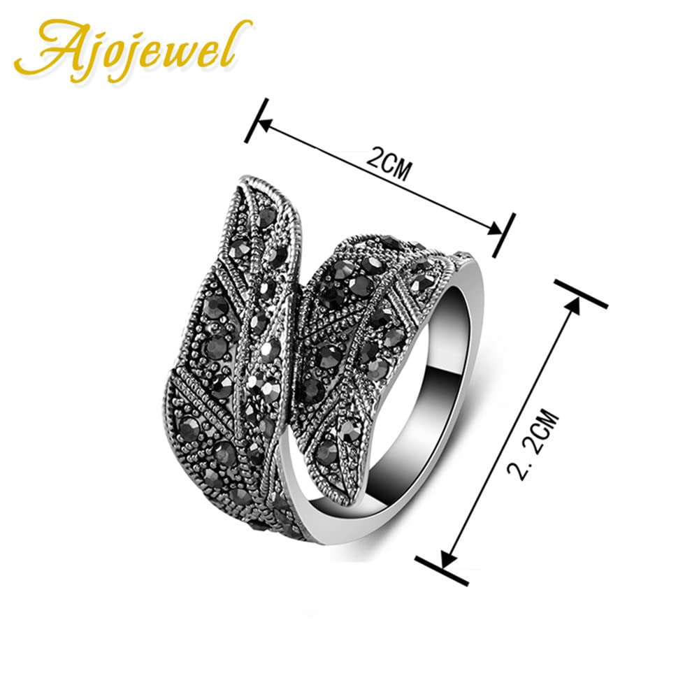 Ajojewel Black Rhinestone Leaf Wide Ring Women Vintage Jewelry Ladies Rings (9) (9)