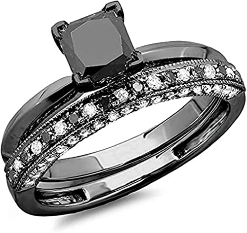 Aryan Jewels 2.30 Ct Princess & Round Cut Black White Diamond Bridal Ring Set Engagement Wedding Band Couple Ring For His & Her 14K Black Gold Finish (7.5)