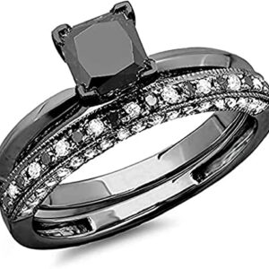 Aryan Jewels 2.30 Ct Princess & Round Cut Black White Diamond Bridal Ring Set Engagement Wedding Band Couple Ring For His & Her 14K Black Gold Finish (7), Gold,White