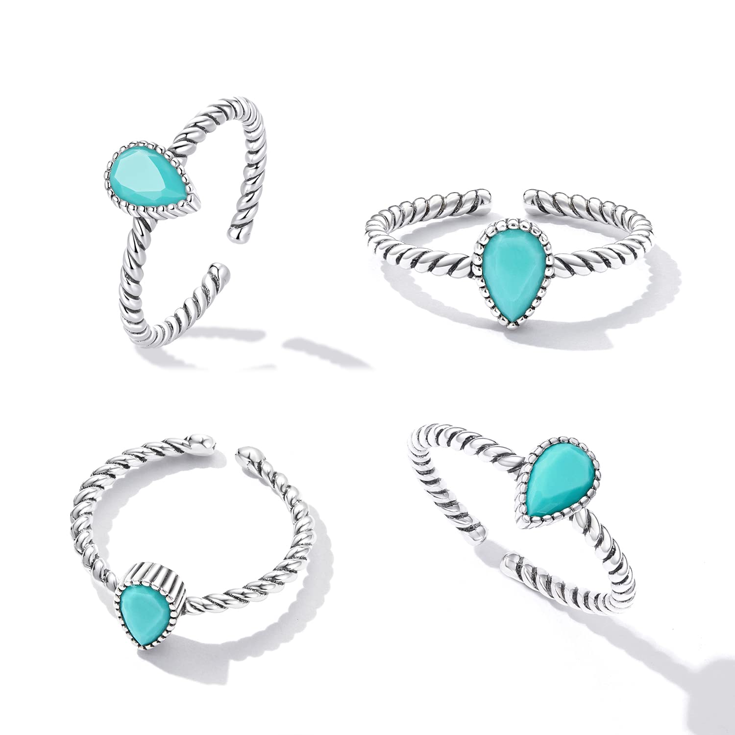 Shysnow Turquoise Ring for Women Vintage Adjustable Green Twisted Rope Rings Sterling Silver 925 Open Blue Oval Cut Turquoise Western Statement Ring Boho Jewelry