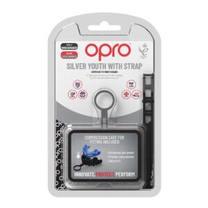 OPRO Silver Level Mouthguard + Strap, Adults and Youth Sports Mouth Guard, Featuring Revolutionary Fitting Technology for American Football, Lacrosse, Hockey, Combat Sports (Blue, Youth)