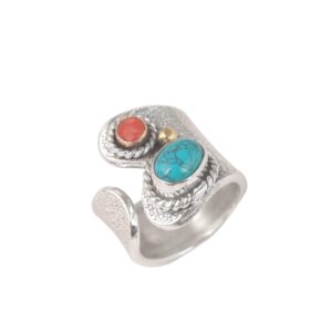 turquoise and coral gemstone ring thumb sterling silver natural stone ring personalized boho ring (7.5)