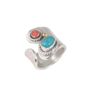 Turquoise And Coral Gemstone Ring Thumb Sterling Silver Natural Stone Ring Personalized Boho Ring (7.5)