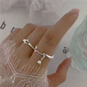 2 Pcs Hollow Star Couple Fashion Meteor Ring Opening Adjustable Ring Promise Ring Friends Couple Gift Jewelry (Silver)