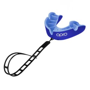 opro silver level mouthguard + strap, adults and youth sports mouth guard, featuring revolutionary fitting technology for american football, lacrosse, hockey, combat sports (blue, youth)