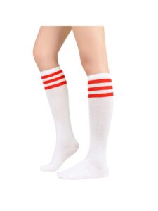 komorebi women's knee high athletic socks stripes tube sport socks soft strench high socks for women outdoor white red one size