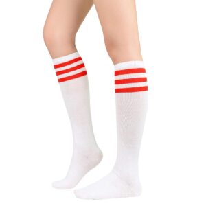 Komorebi Women's Knee High Athletic Socks Stripes Tube Sport Socks Soft Strench High Socks for Women Outdoor White Red One Size