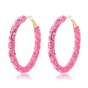 Bohemian Shiny Glitter Sequins Hoop Earrings Wrapped Gold Plated Circle Statement Rhinestone Dangle Drop Earrings for Women Boho Jewelry-pink