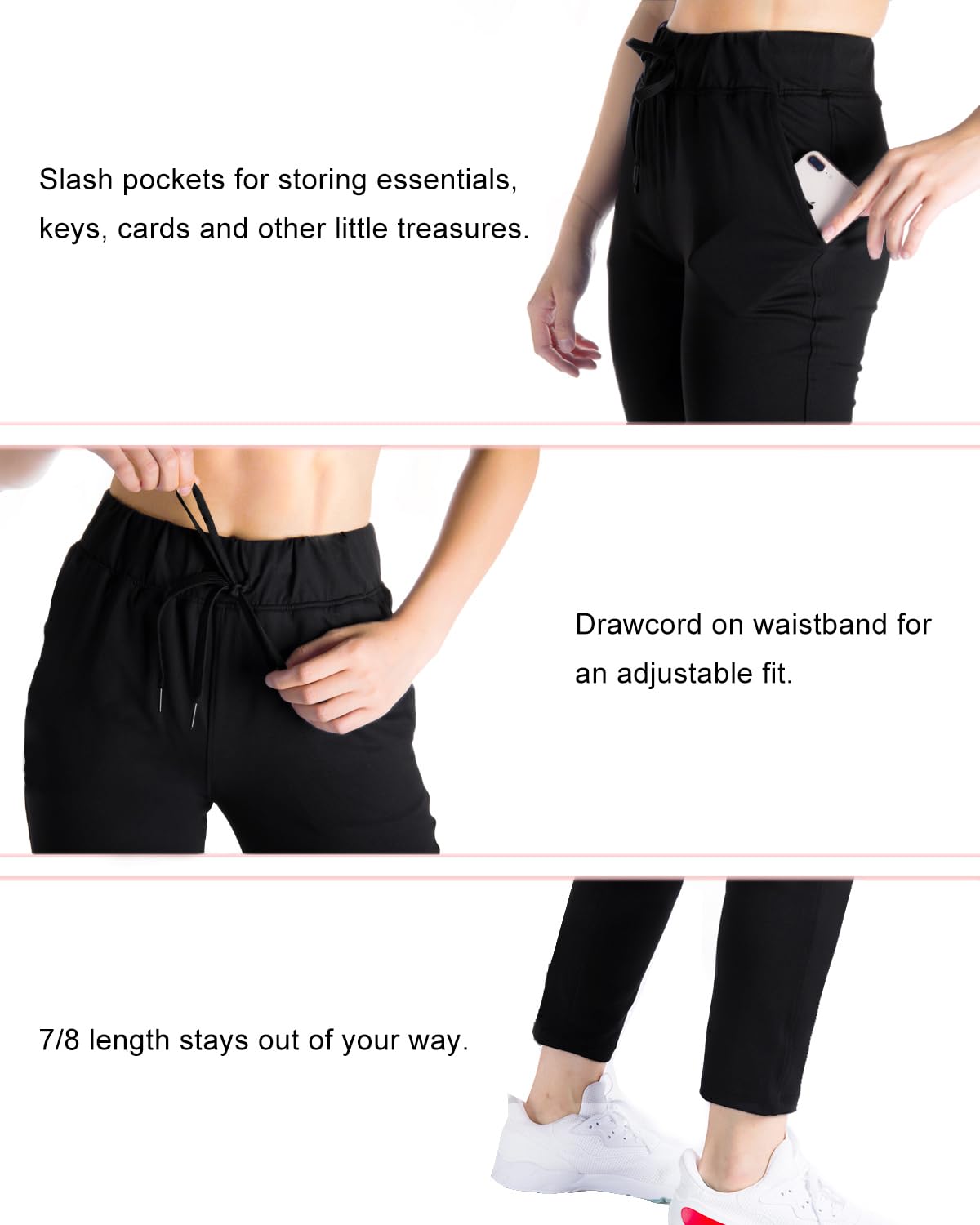 Yogipace Petite Women's 7/8 On The Fly Pants Drawstring Casual Lounge Joggers Travel Sweatpants,Black,24",Size S