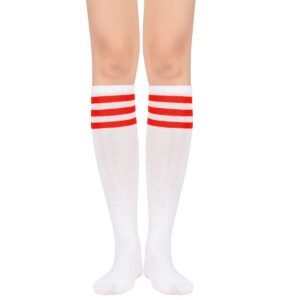 Komorebi Women's Knee High Athletic Socks Stripes Tube Sport Socks Soft Strench High Socks for Women Outdoor White Red One Size