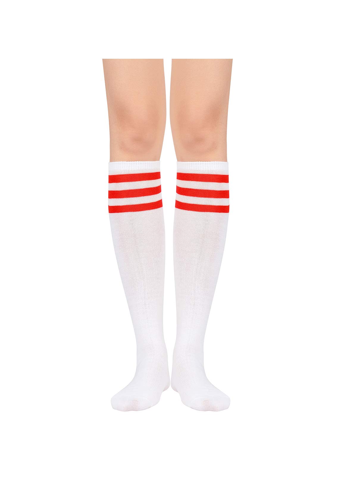 Komorebi Women's Knee High Athletic Socks Stripes Tube Sport Socks Soft Strench High Socks for Women Outdoor White Red One Size