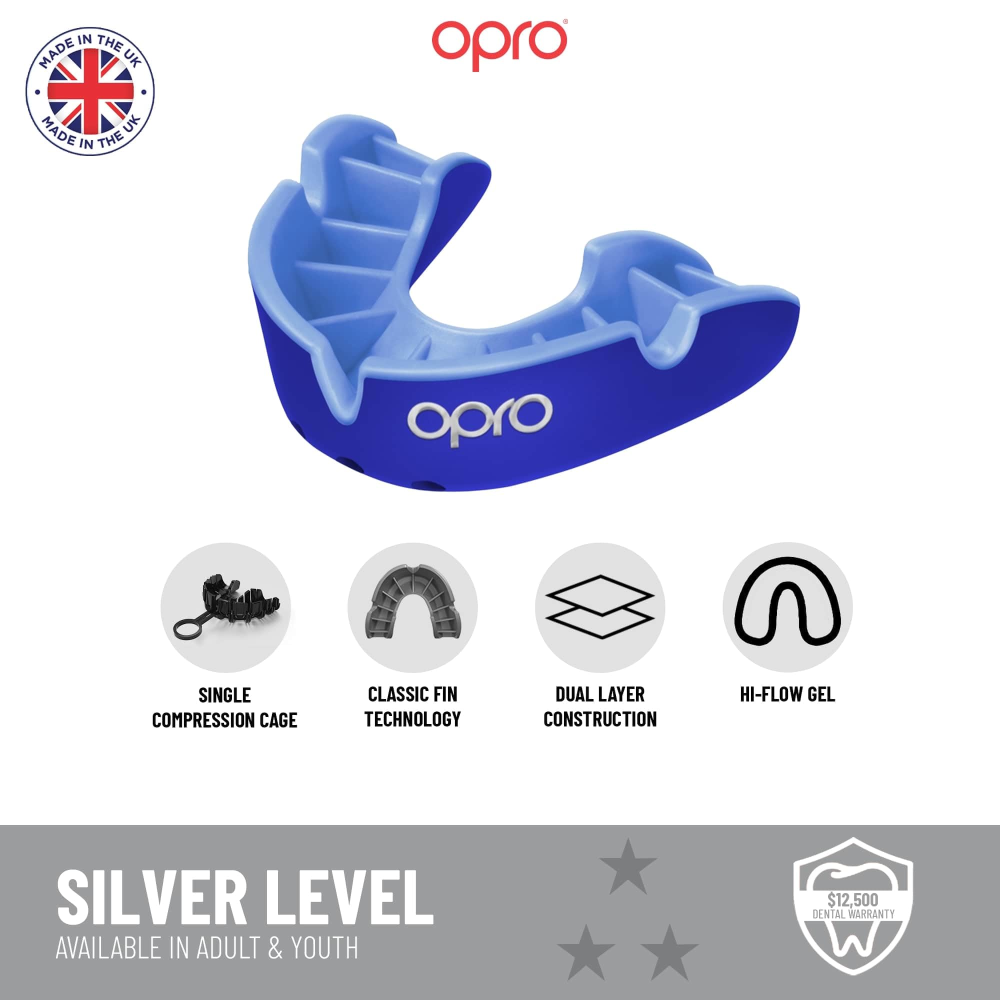 OPRO Silver Level Mouthguard + Strap, Adults and Youth Sports Mouth Guard, Featuring Revolutionary Fitting Technology for American Football, Lacrosse, Hockey, Combat Sports (Blue, Youth)