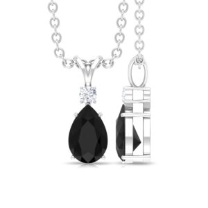 Rosec Jewels Natural Black Onyx Teardrop Pendant with Diamond| 5X7 MM Pear| AAA Quality| Anniversary/Graduation Jewelry for Women, 14K White Gold, With Chain