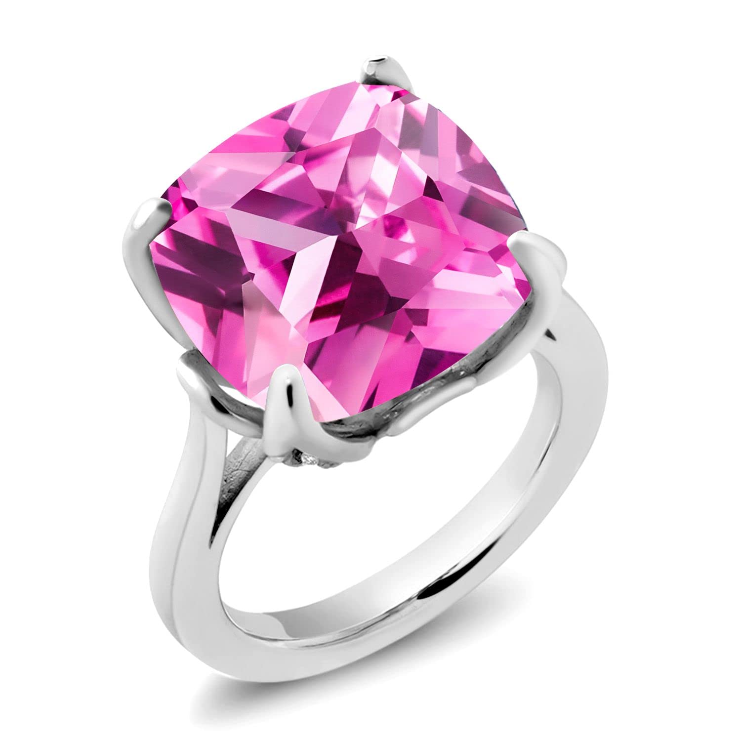 Gem Stone King 925 Sterling Silver Pink Created Sapphire and White Created Sapphire Engagement Ring For Women (14.62 Cttw, 14MM Cushion, Size 7)