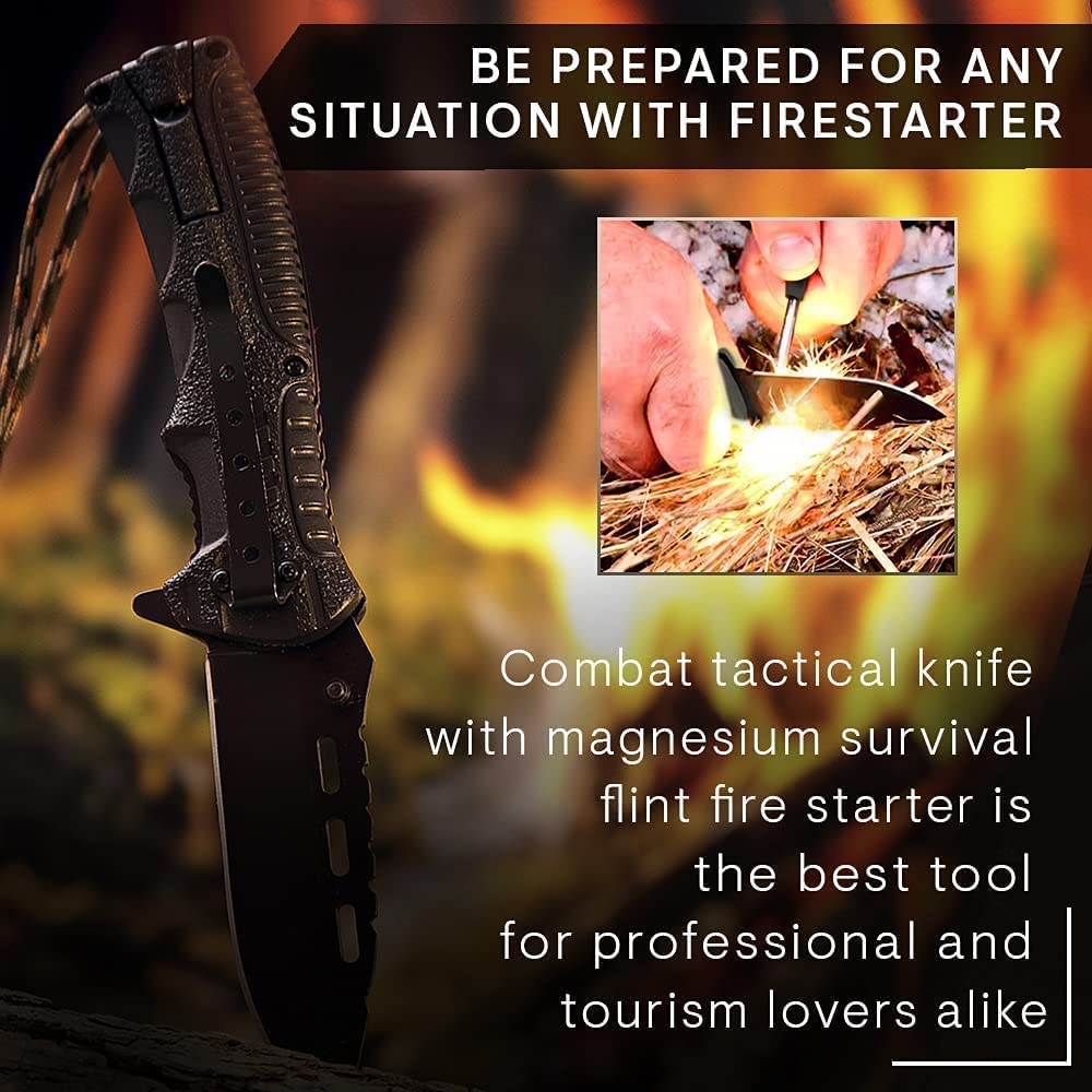 Bundle of 2 Items - Pocket Knife - Tactical Folding Knife - Knife with Fire Starter Paracord Handle - Best EDC Survival Hiking Hunting Camping Knife - Travel Accessories Gear Knife Gifts