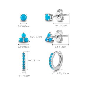 Turquoise Stud Hoop Earring Set: 3 Pairs Earring Set Silver Huggie Hoop & Triangle Round Shape Small Stud - Simple Hypoallergenic Ear Jewelry Trendy Gemstone Gift for Women (A-Silver)