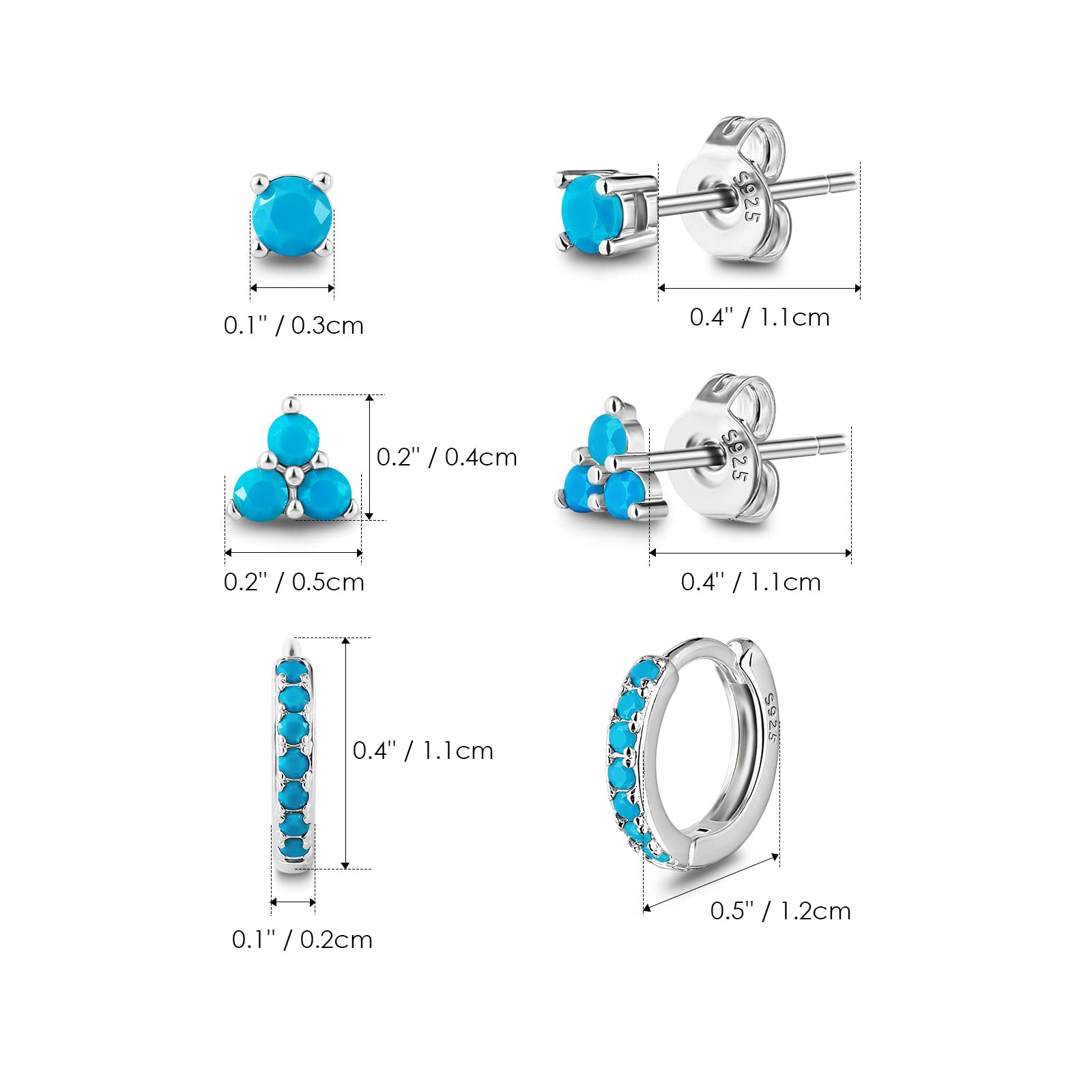 Turquoise Stud Hoop Earring Set: 3 Pairs Earring Set Silver Huggie Hoop & Triangle Round Shape Small Stud - Simple Hypoallergenic Ear Jewelry Trendy Gemstone Gift for Women (A-Silver)