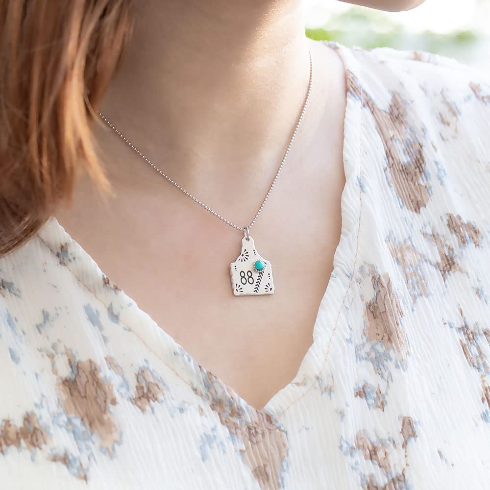 Custom Cow Tag Retro Bohemian Style Turquoise Neckalce 925 Sterling Silver/Brass Vintage Personalized Logo/Monogram/Number/Initial/Name Pendant Neckalce Gemstone Jewelry Birthday Gifts For Women Wife Daughter Mother