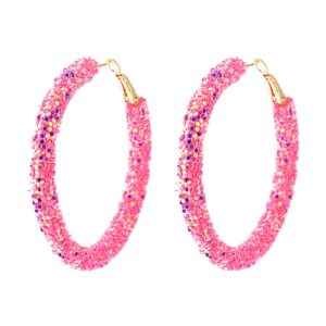 Bohemian Shiny Glitter Sequins Hoop Earrings Wrapped Gold Plated Circle Statement Rhinestone Dangle Drop Earrings for Women Boho Jewelry-pink