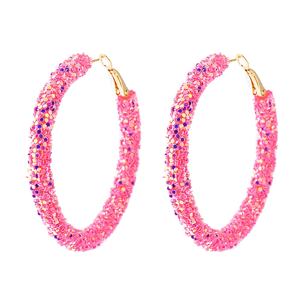 Bohemian Shiny Glitter Sequins Hoop Earrings Wrapped Gold Plated Circle Statement Rhinestone Dangle Drop Earrings for Women Boho Jewelry-pink