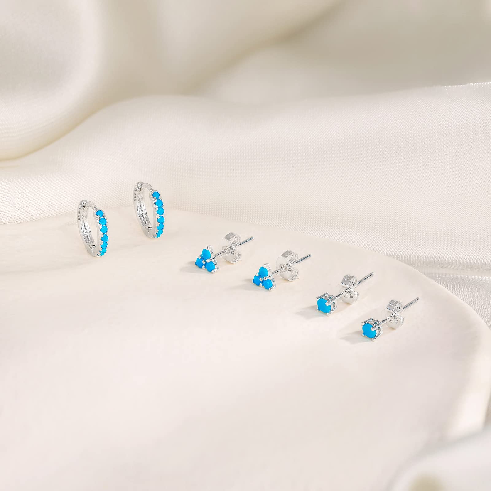 Turquoise Stud Hoop Earring Set: 3 Pairs Earring Set Silver Huggie Hoop & Triangle Round Shape Small Stud - Simple Hypoallergenic Ear Jewelry Trendy Gemstone Gift for Women (A-Silver)