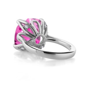 Gem Stone King 925 Sterling Silver Pink Created Sapphire and White Created Sapphire Engagement Ring For Women (14.62 Cttw, 14MM Cushion, Size 7)