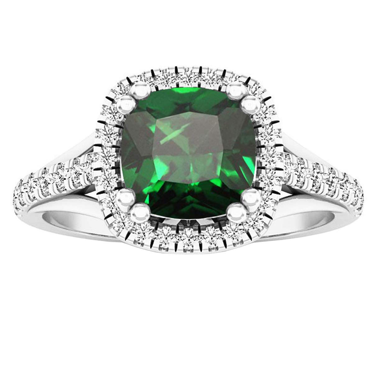 Dazzlingrock Collection 14K 7 MM Cushion Created Emerald & Round Diamond Women Ring, White Gold, Size 7