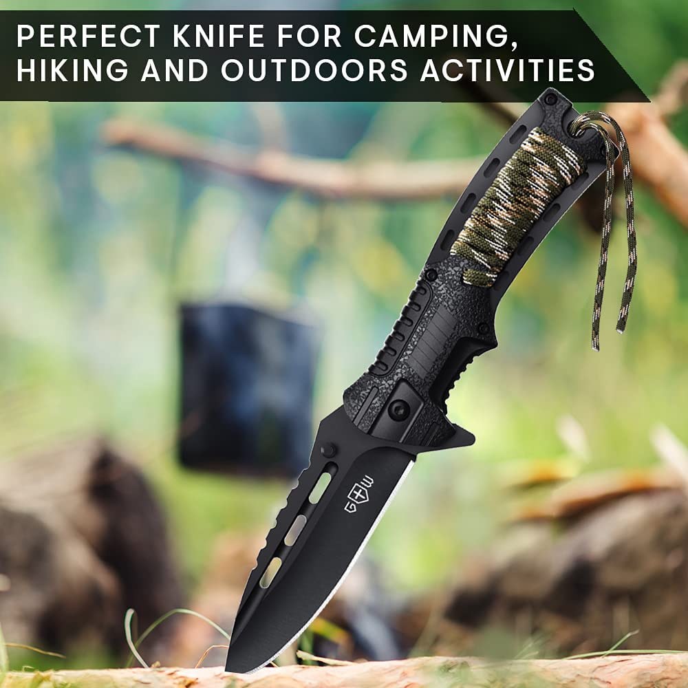 Bundle of 2 Items - Pocket Knife - Tactical Folding Knife - Knife with Fire Starter Paracord Handle - Best EDC Survival Hiking Hunting Camping Knife - Travel Accessories Gear Knife Gifts