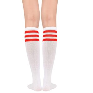 Komorebi Women's Knee High Athletic Socks Stripes Tube Sport Socks Soft Strench High Socks for Women Outdoor White Red One Size