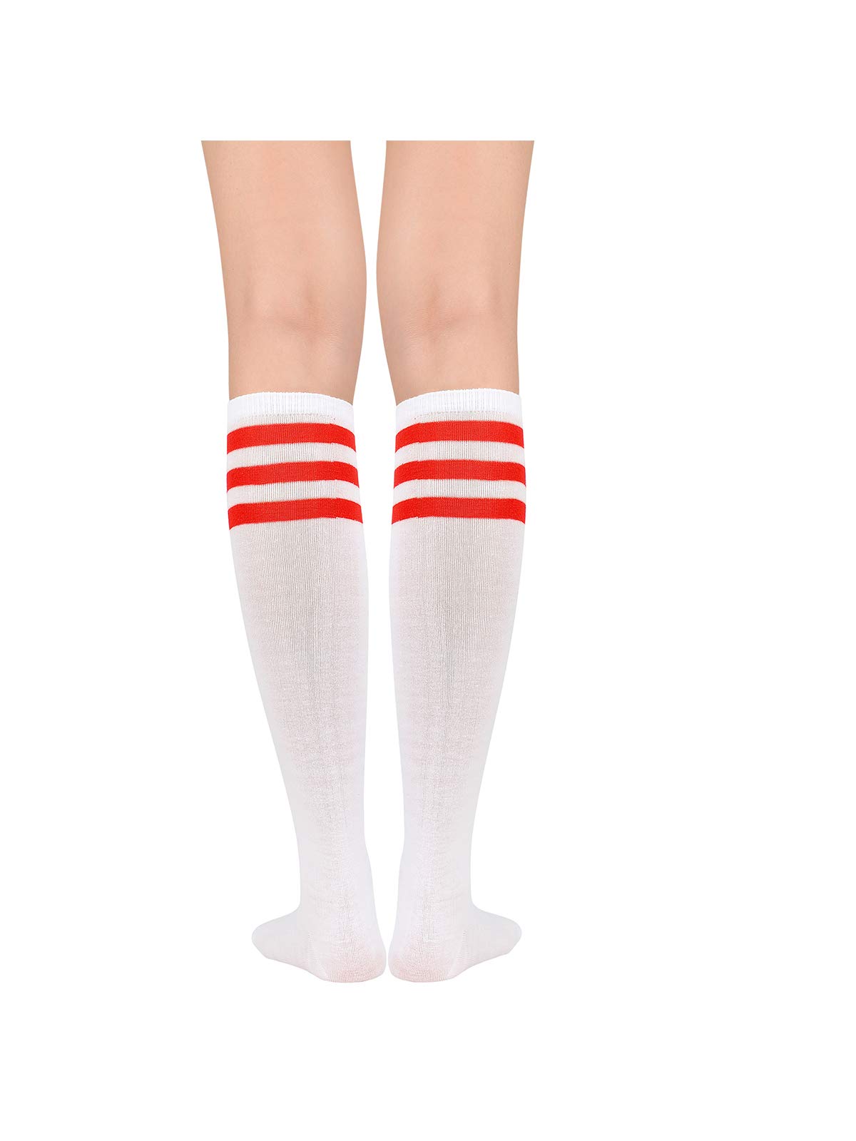 Komorebi Women's Knee High Athletic Socks Stripes Tube Sport Socks Soft Strench High Socks for Women Outdoor White Red One Size