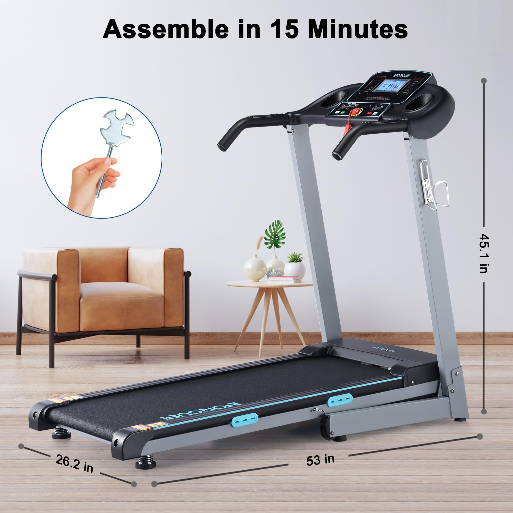 BORGUSI Treadmill with 12% Auto Incline and 300 LBS Capacity, 17.5" Wide 3 HP Folding Electric Treadmill Max 8.5 MPH Speed, Running Machine with Bluetooth Speaker & LCD Display for Home Use