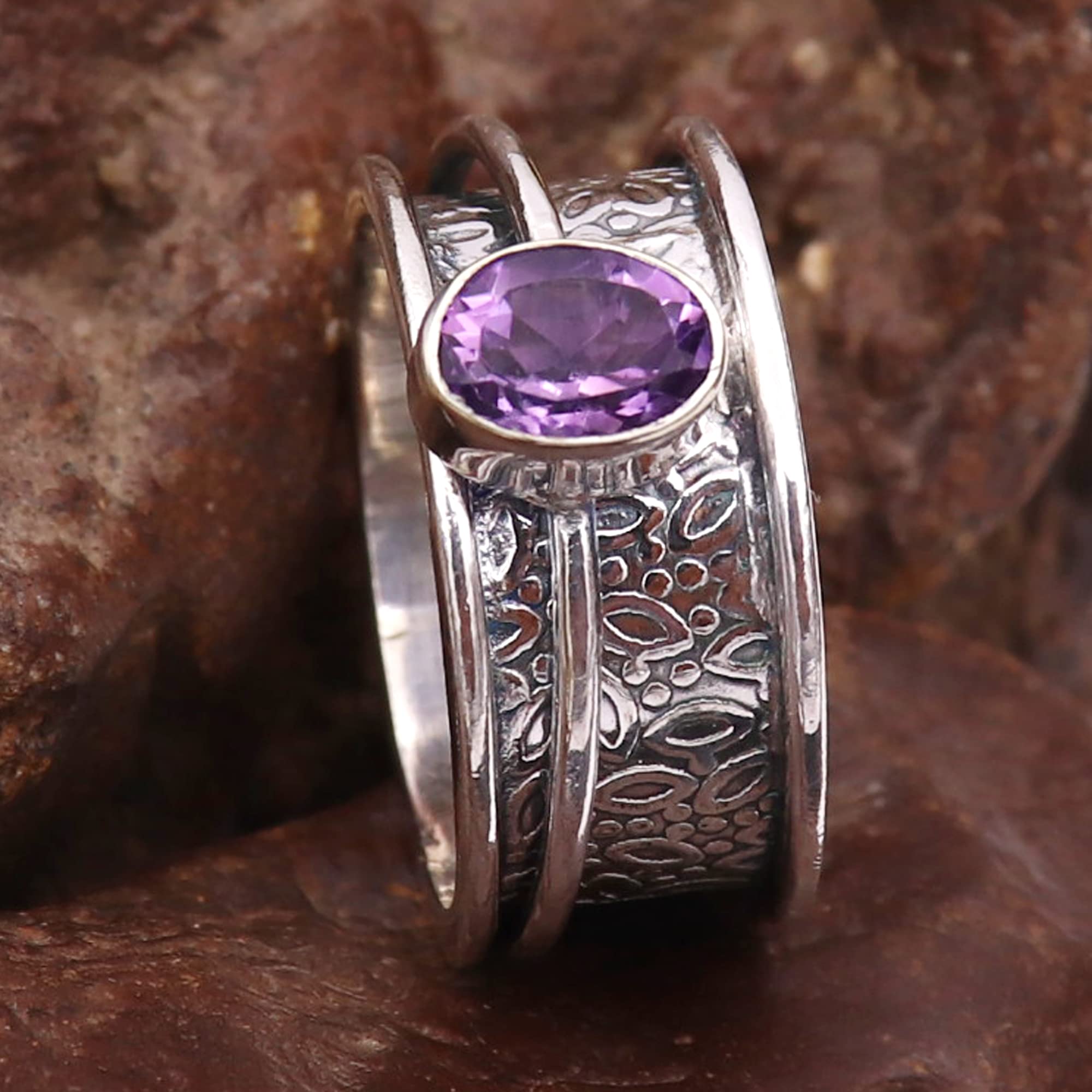 Amethyst Silver Spinner Ring 925 Solid Sterling Silver Band Meditation Ring By Goyal Exports SRG328D (US-5)