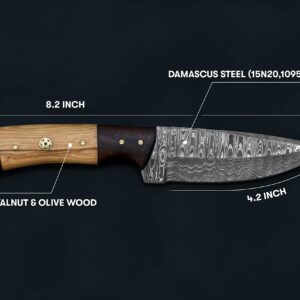 Titan International Knives 8.2" Damascus Steel Fixed Blade Hunting Knife | Handmade 1095 4340 Carbon Mix Hand Pounded | EDC Black Walnut and Olive Wood Handle | Leather Sheath Multi Purpose Survival and Camping Knives