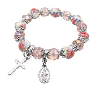 Nazareth Store Religious Cross Bracelet Pink Crystal Beaded Stretch Rosary Bracelet with Ceramic Flowers Beads Bangle Crucifix & Miraculous Medal Charm