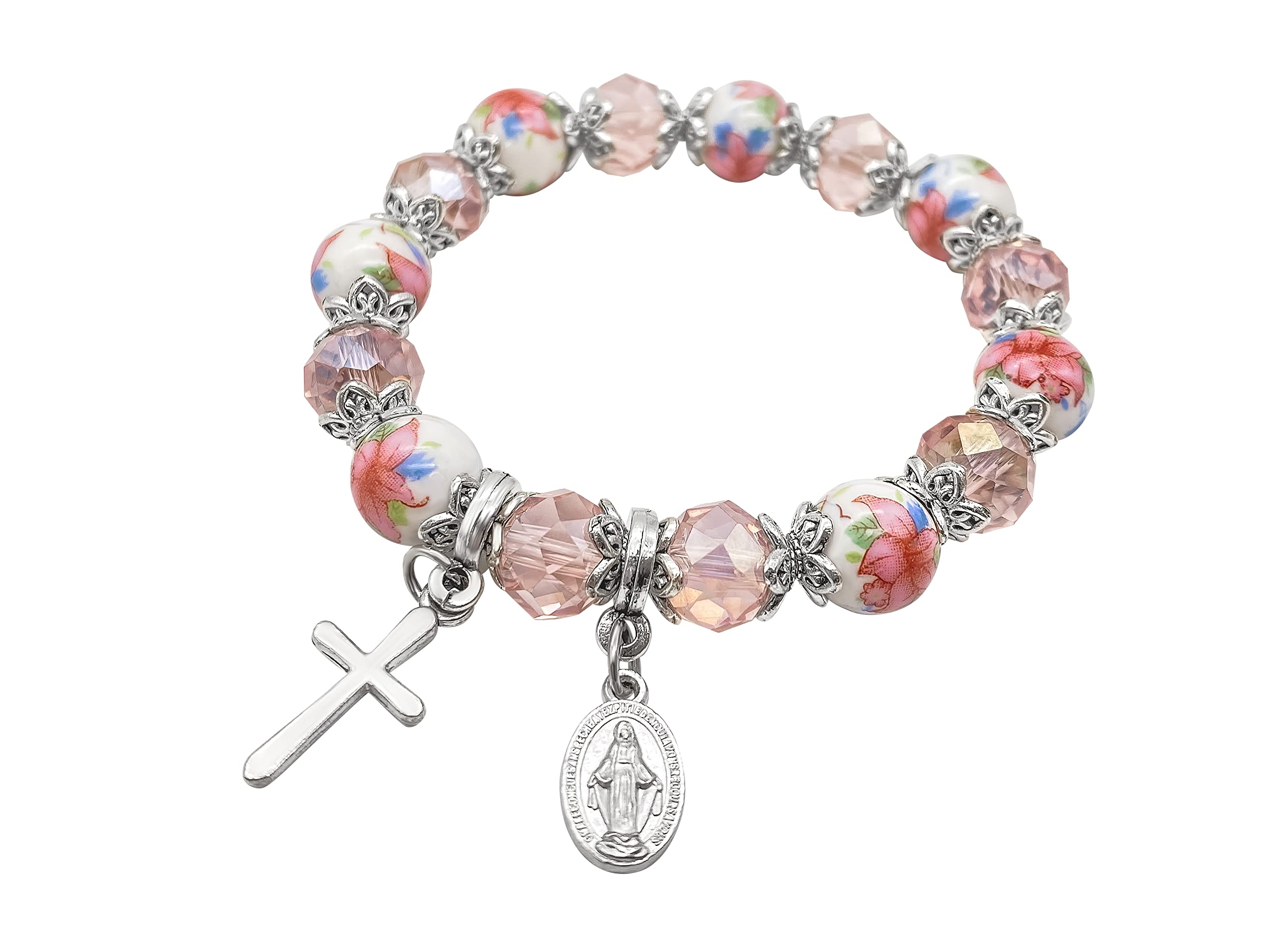 Nazareth Store Religious Cross Bracelet Pink Crystal Beaded Stretch Rosary Bracelet with Ceramic Flowers Beads Bangle Crucifix & Miraculous Medal Charm