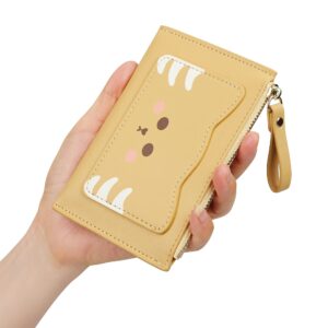 Women's Leather Slim Minimalist Card Holder Case Cute Small Zipper Coin Change Wallet, Yellow