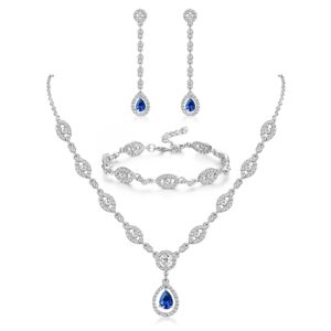 YADOCA Wedding Bridal Jewelry Set For Women Silver Prom Costume Jewelry Sets Rhinestone Crystal Teardrop Necklace Earrings Bracelet Bridesmaid Jewelry Accessories Blue