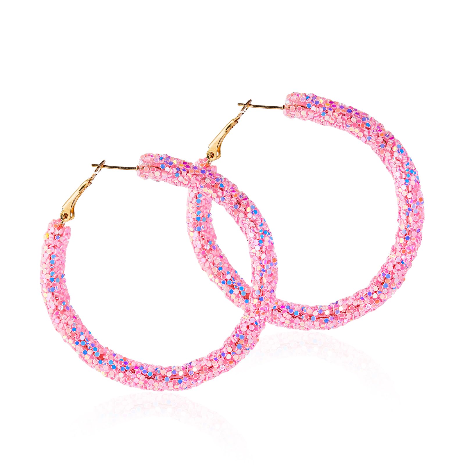 Bohemian Shiny Glitter Sequins Hoop Earrings Wrapped Gold Plated Circle Statement Rhinestone Dangle Drop Earrings for Women Boho Jewelry-pink