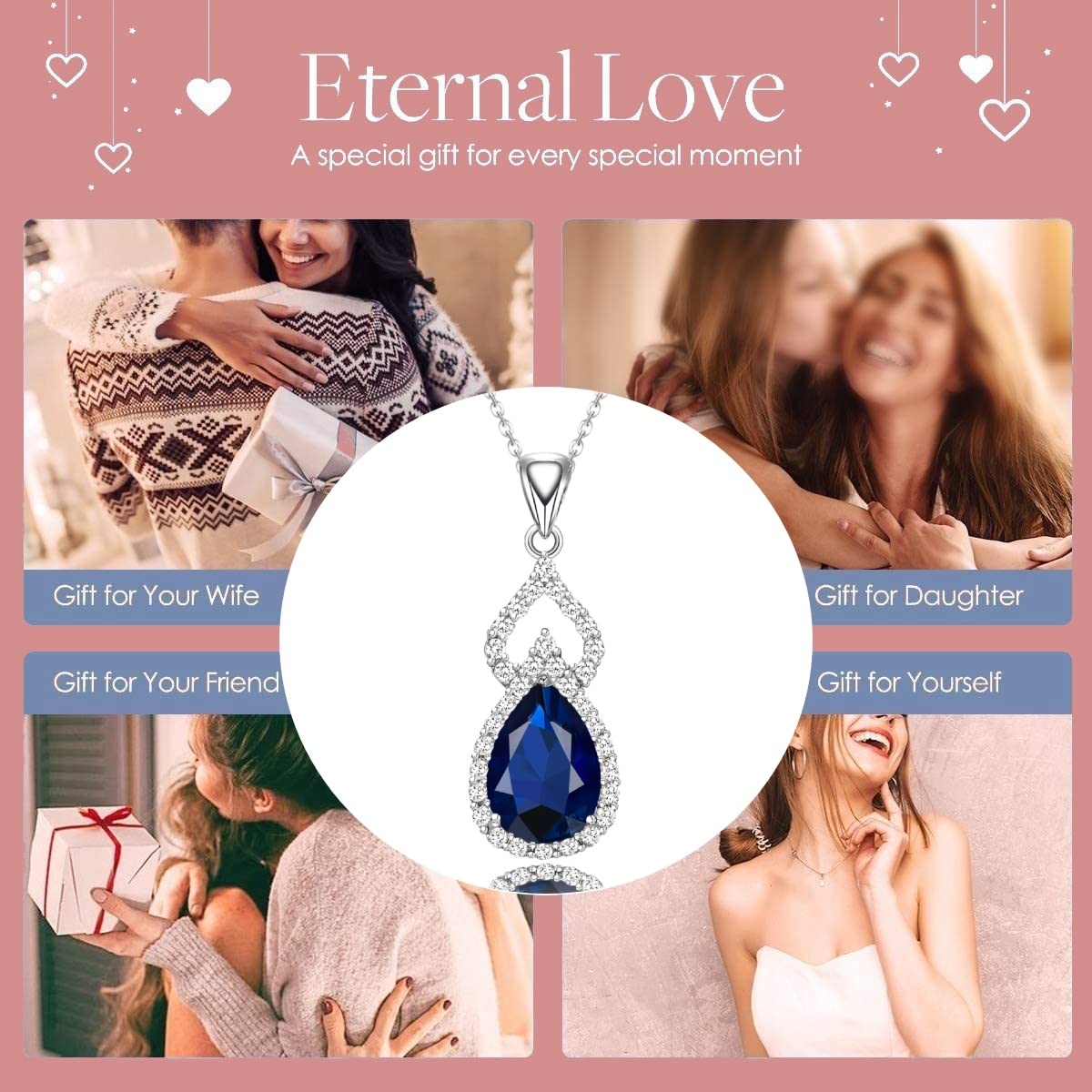 LMXXVJ Necklace Pendant for Women With Created Blue Sapphire,Silver Tone Teardrop Gem Birthstone Necklace Fashion Jewelry Valentine's Day Mother's Day Birthday Anniversary Prom Necklace Gift