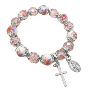 Nazareth Store Religious Cross Bracelet Pink Crystal Beaded Stretch Rosary Bracelet with Ceramic Flowers Beads Bangle Crucifix & Miraculous Medal Charm