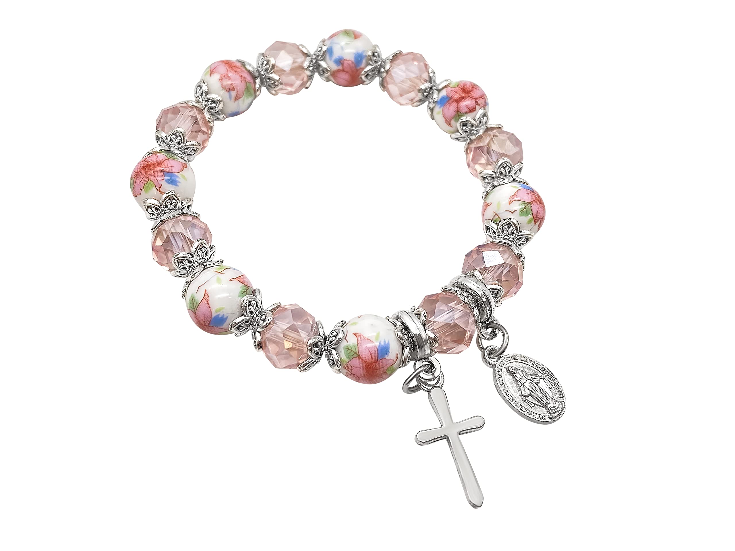 Nazareth Store Religious Cross Bracelet Pink Crystal Beaded Stretch Rosary Bracelet with Ceramic Flowers Beads Bangle Crucifix & Miraculous Medal Charm