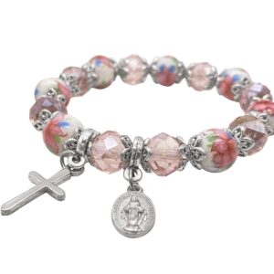 Nazareth Store Religious Cross Bracelet Pink Crystal Beaded Stretch Rosary Bracelet with Ceramic Flowers Beads Bangle Crucifix & Miraculous Medal Charm