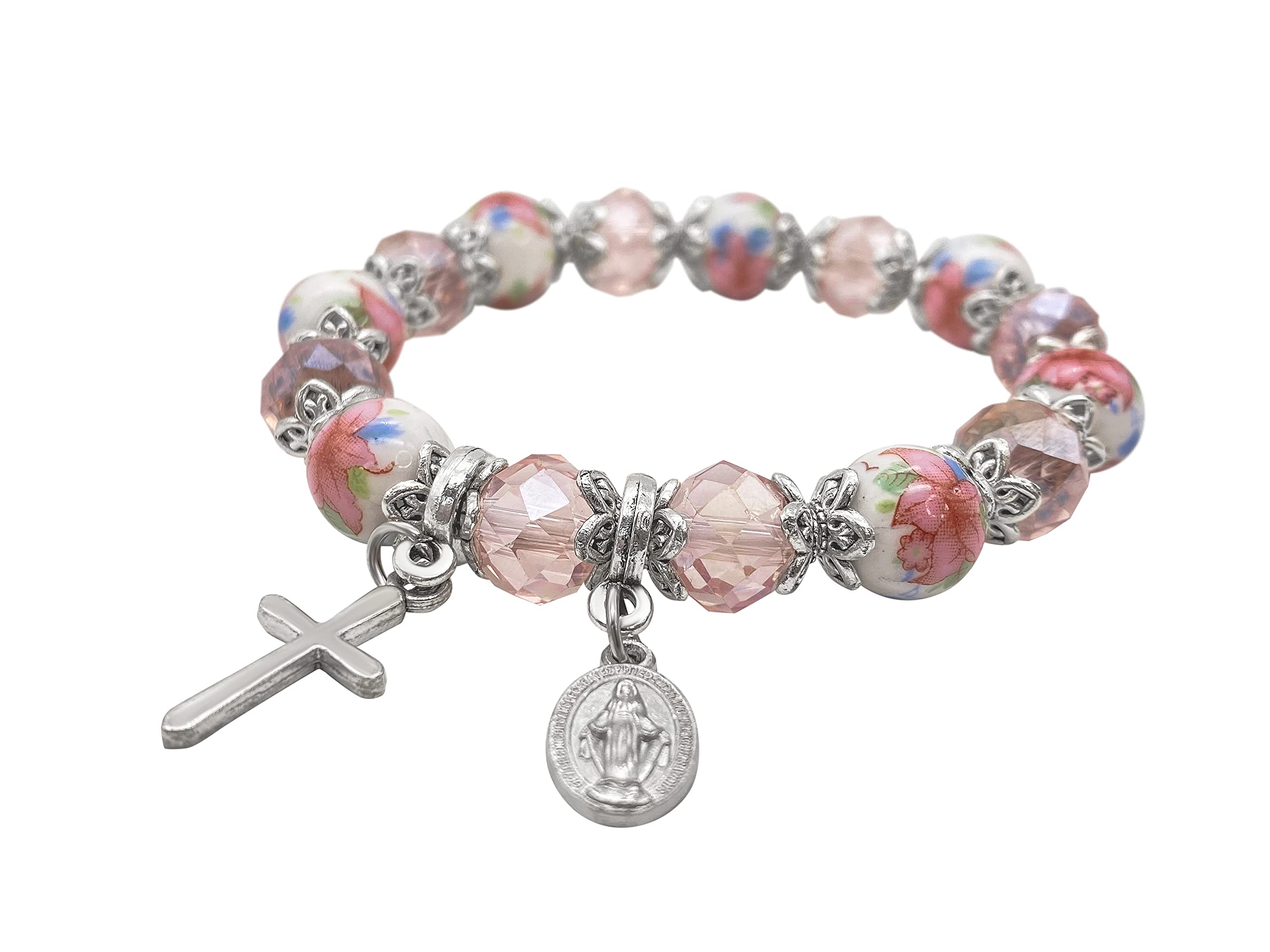 Nazareth Store Religious Cross Bracelet Pink Crystal Beaded Stretch Rosary Bracelet with Ceramic Flowers Beads Bangle Crucifix & Miraculous Medal Charm