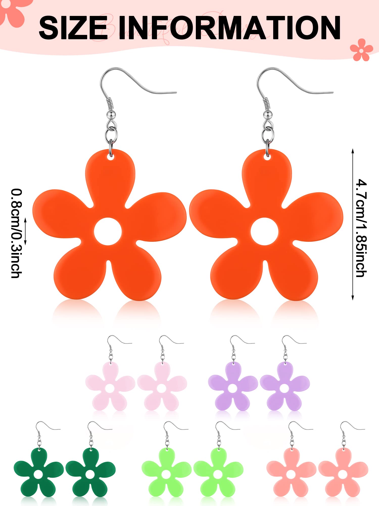 6 Pairs Retro Earrings for Women Girl Groovy Retro Daisy Flower Earrings Hawaii Daisy Flower Earrings Dangle Acrylic Daisy Flower Hawaii Plant Earrings Wild Lily Petals, 6 Colors