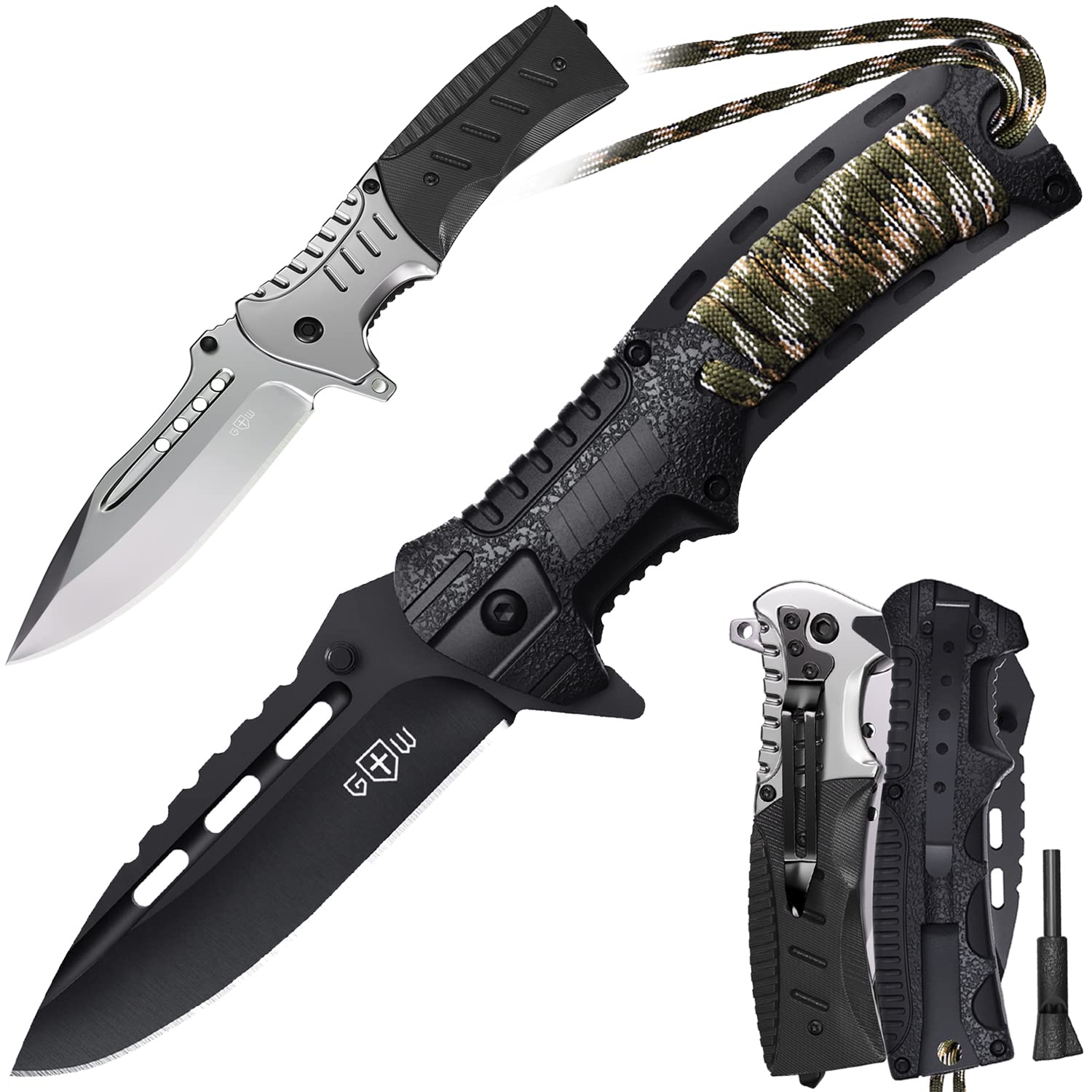 Bundle of 2 Items - Pocket Knife - Tactical Folding Knife - Knife with Fire Starter Paracord Handle - Best EDC Survival Hiking Hunting Camping Knife - Travel Accessories Gear Knife Gifts