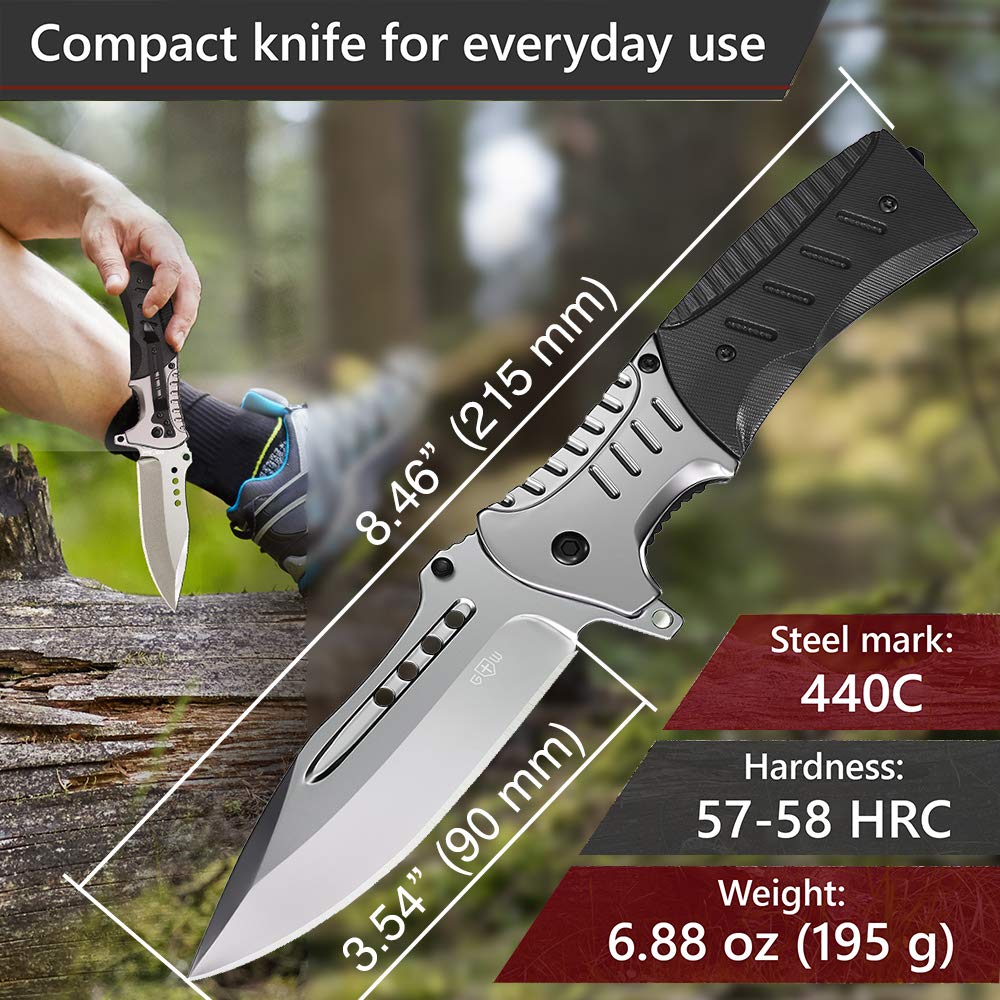 Bundle of 2 Items - Pocket Knife - Tactical Folding Knife - Knife with Fire Starter Paracord Handle - Best EDC Survival Hiking Hunting Camping Knife - Travel Accessories Gear Knife Gifts