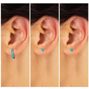 Turquoise Stud Hoop Earring Set: 3 Pairs Earring Set Silver Huggie Hoop & Triangle Round Shape Small Stud - Simple Hypoallergenic Ear Jewelry Trendy Gemstone Gift for Women (A-Silver)