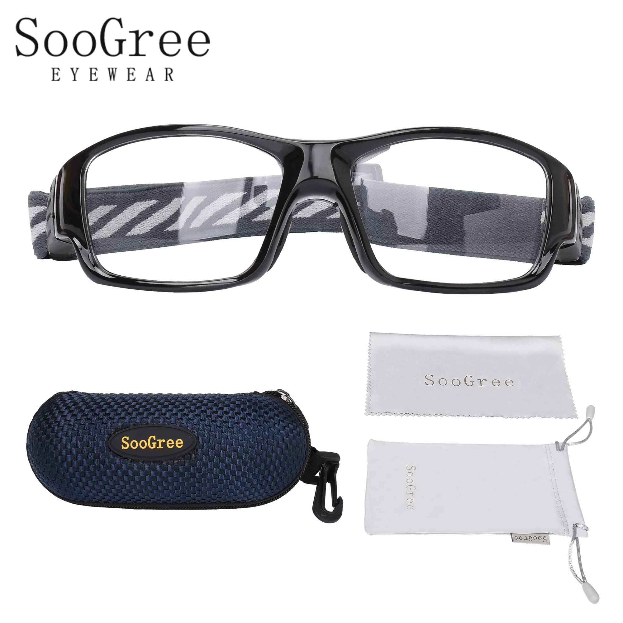 SooGree Sport Glasses Goggles Basketball Soccer Football Sports Protective Eyewear Goggles Anti Collision Safety Glasses-Replaceable Prescription Lens (8031 Black Frame Black Pad)