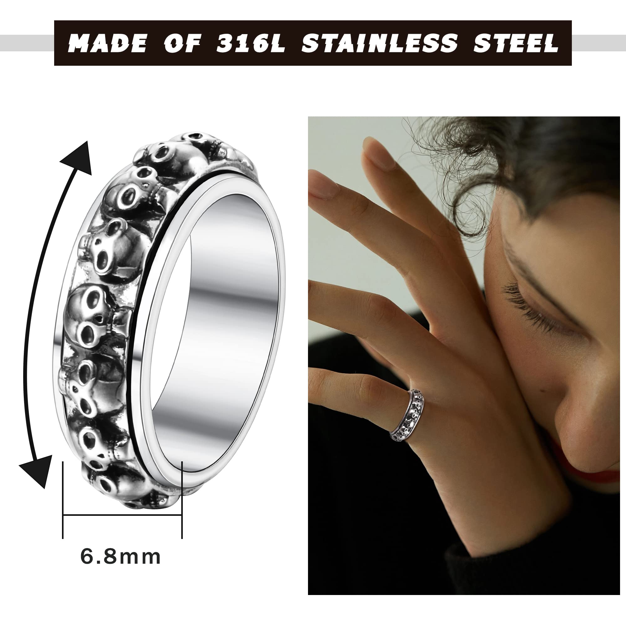 MUSECLOUD Skull Ring Punk Fidget Ring For Women Men Stainless Steel Thumb Anxiety Ring Vintage Cool Gothic Spinner Band Anti Anxiety Stress Relief Jewelry (Silver, 7)